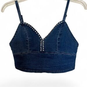 ViVID denim rhinestone adjustable strap back zip crop top size small